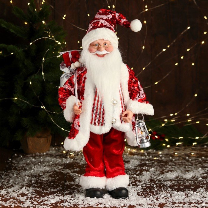 Дед Мороз "В полосатом жилете" музыка шевелит головой, 43 см, красный