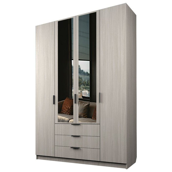Шкаф 4-х дверный «Экон», 1600×520×2300 мм, 3 ящика, 2 зеркала, цвет ясень шимо светлый