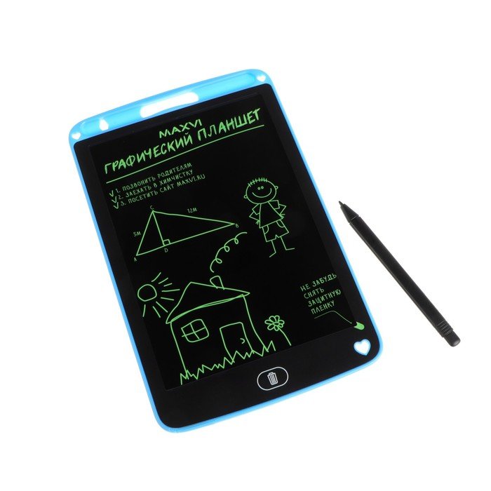 Графический планшет для рисования и заметок LCD Maxvi MGT-01, 8.5”, угол 160°,CR2016, синий