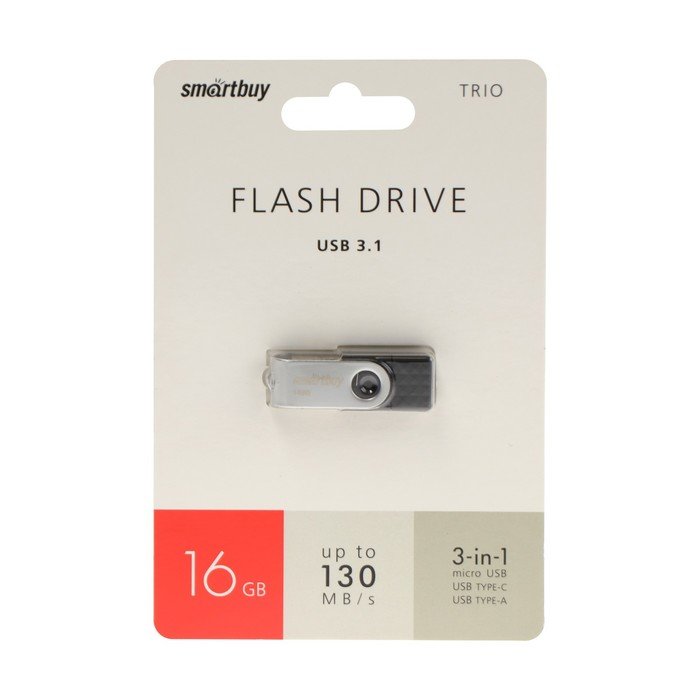 Флешка Smartbuy TRIO 3-in-1 OTG,16 Гб,USB3.0, Type-C, microUSB, чт до 100Мб/с, зап до 10Мб/с