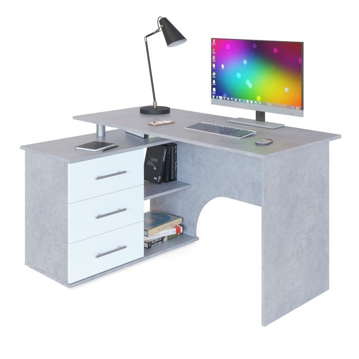Компьютерный стол «КСТ-09», 1350×935×744 мм, угловой, угол левый, бетон/белый