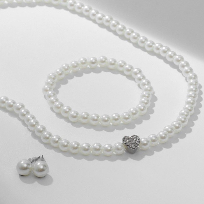 Набор 3 предмета: серьги, бусы, браслет "Жемчуг" сердце, цвет белый в серебре, 45 см