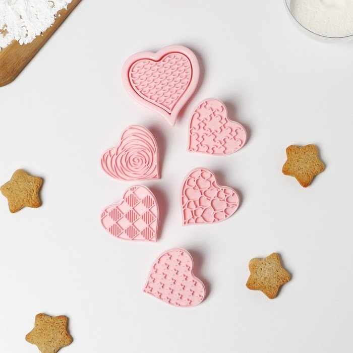 Набор форм для печенья Доляна «Сердца», 6 предметов, цвет розовый
