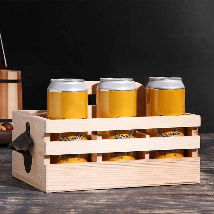 Ящик для пива 27×18×18.5 см  с открывашкой, под 6 бутылок, деревянный