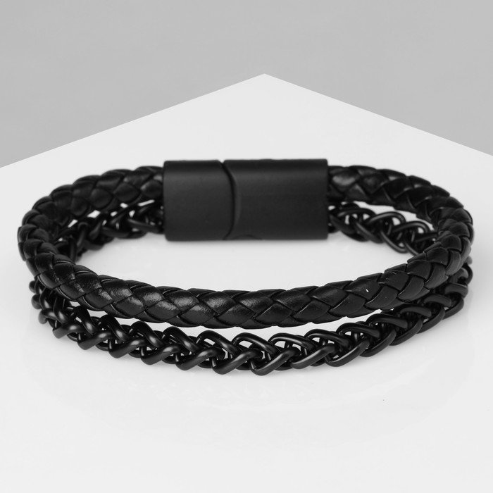 Браслет унисекс "Мощь" две косы, цвет чёрный с чёрным металлом, 21,5 см