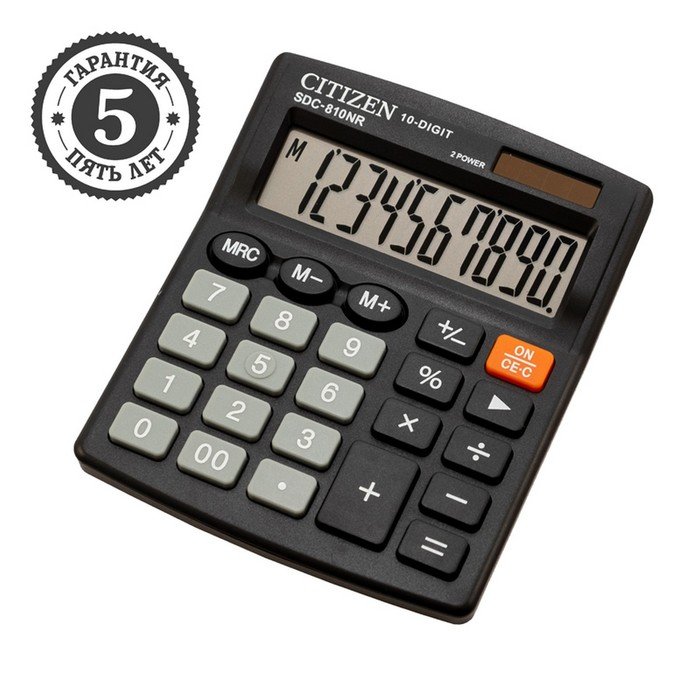 Калькулятор настольный Citizen "SDC-810NR", 10-разрядный, 102 х 124 х 25 мм, двойное питание, чёрный