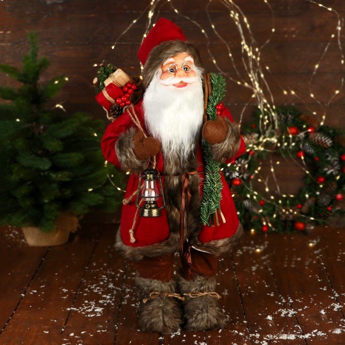 Дед Мороз "С фонариком и веточками" 60 см, красный