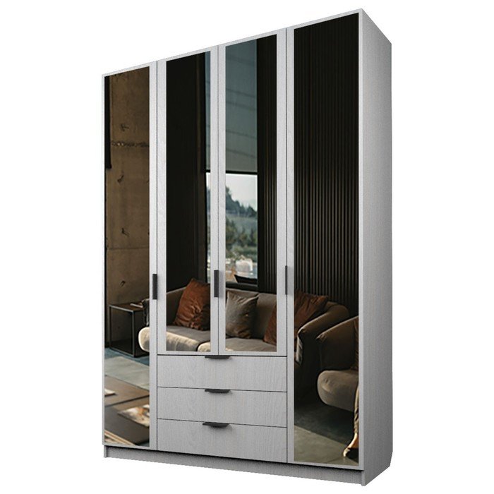 Шкаф 4-х дверный «Экон», 1600×520×2300 мм, 3 ящика, 4 зеркала, цвет ясень анкор светлый