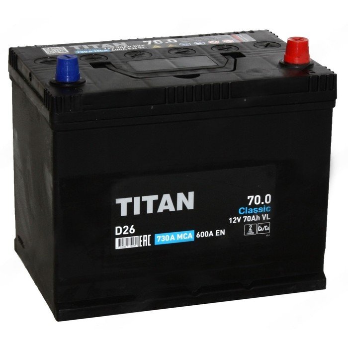 Аккумуляторная батарея Titan Classic 70 Ач, 6СТ-70.0 VL D26L, обратная полярность
