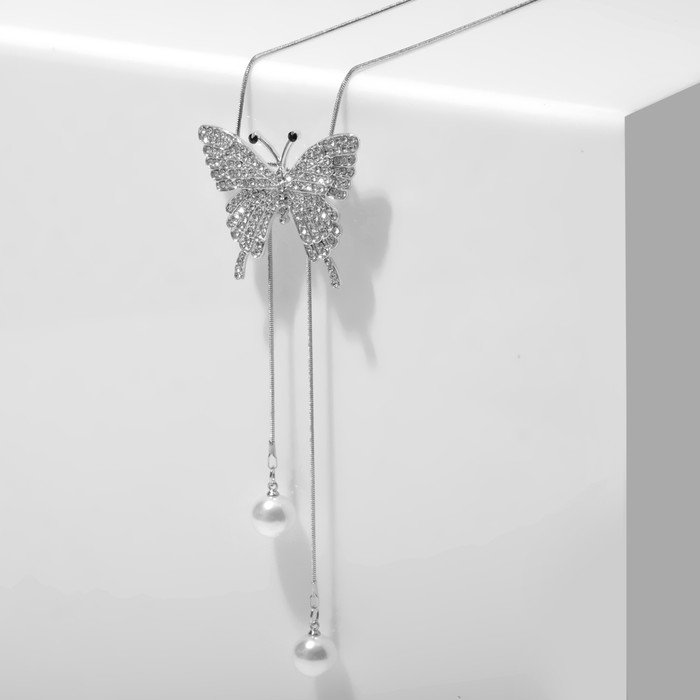 Кулон "Бабочка" с жемчугом, цвет белый в серебре, 70см