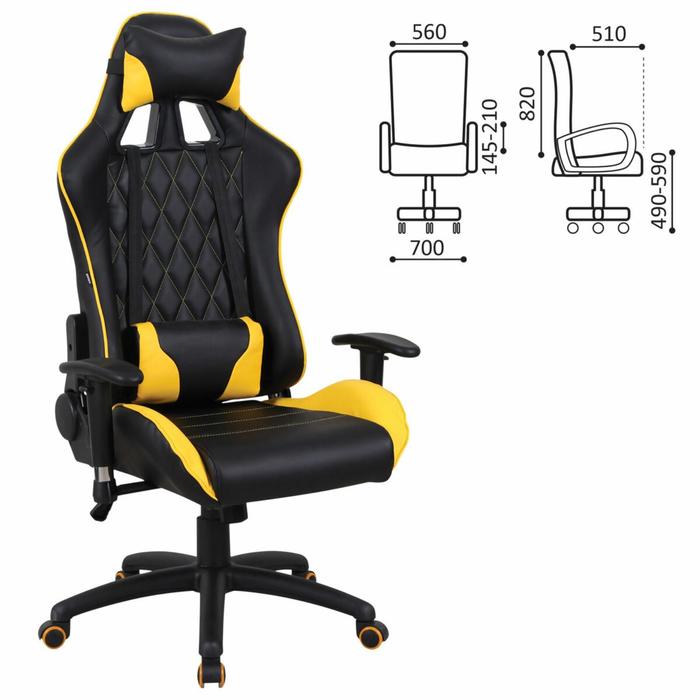 Кресло игровое BRABIX "GT Master GM-110", две подушки, экокожа, черное/желтое, 531927