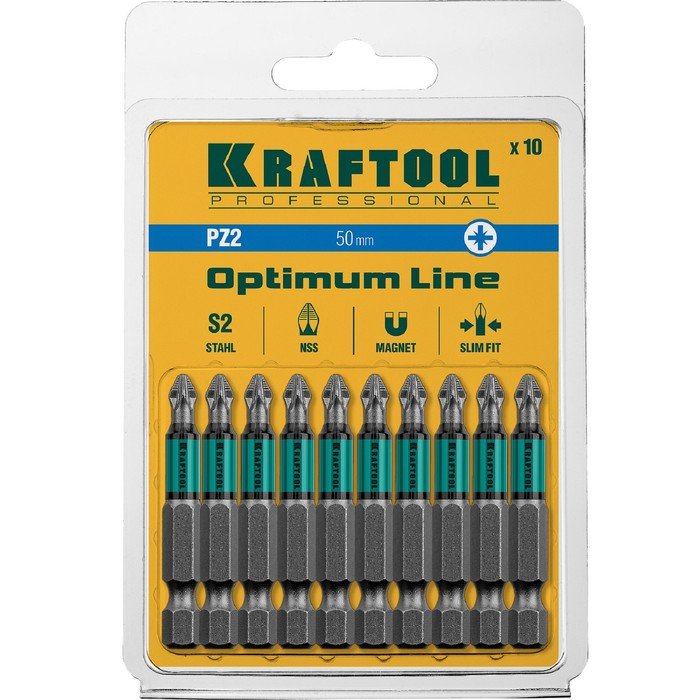 Биты KRAFTOOL Optimum Line 26124-2-50-10, Е 1/4", 50 мм, 10 шт., PZ2