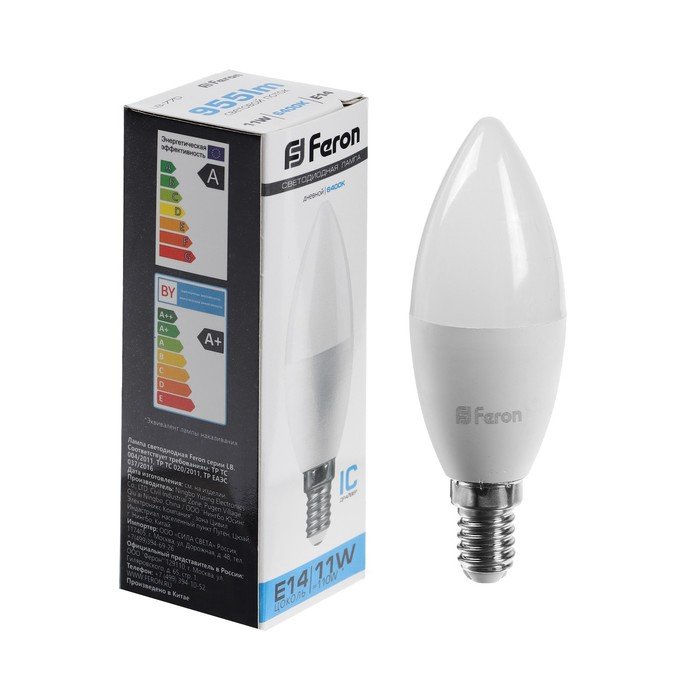 Лампа светодиодная FERON, (11W) 230V E14 6400K С37, LB-770