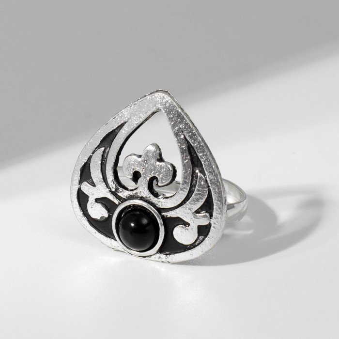 Кольцо "Этника" капля, цвет чёрный в чернёном серебре, безразмерное