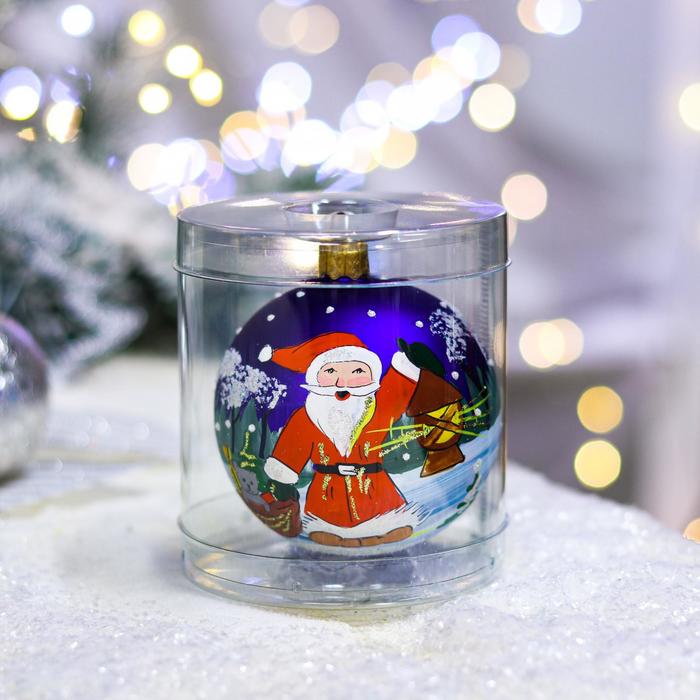 Ёлочная игрушка Шар "Дед Мороз с фонарем", 80 мм, стекло, ручная роспись