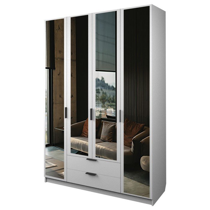 Шкаф 4-х дверный «Экон», 1600×520×2300 мм, 2 ящика, 4 зеркала, цвет белый