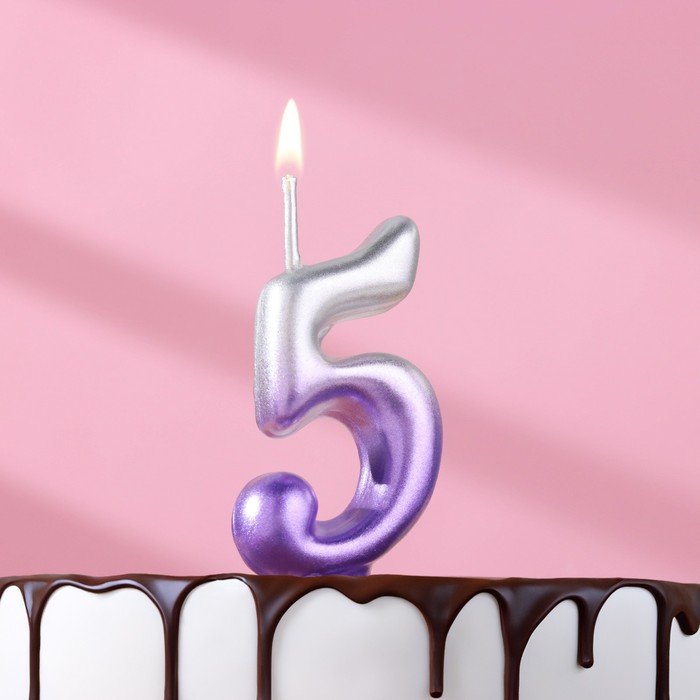 Свеча для торта цифра "Овал" "5", 5,5 см, серебро-сирень