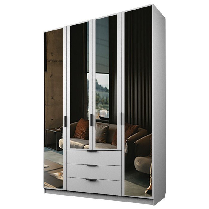 Шкаф 4-х дверный «Экон», 1600×520×2300 мм, 3 ящика, 4 зеркала, цвет белый