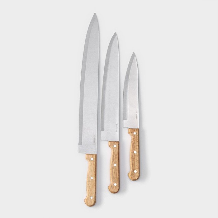 Набор кухонных ножей Доляна «Поварская тройка», 3 предмета: лезвие 19 см, 22 см, 23 см, ручка деревянная