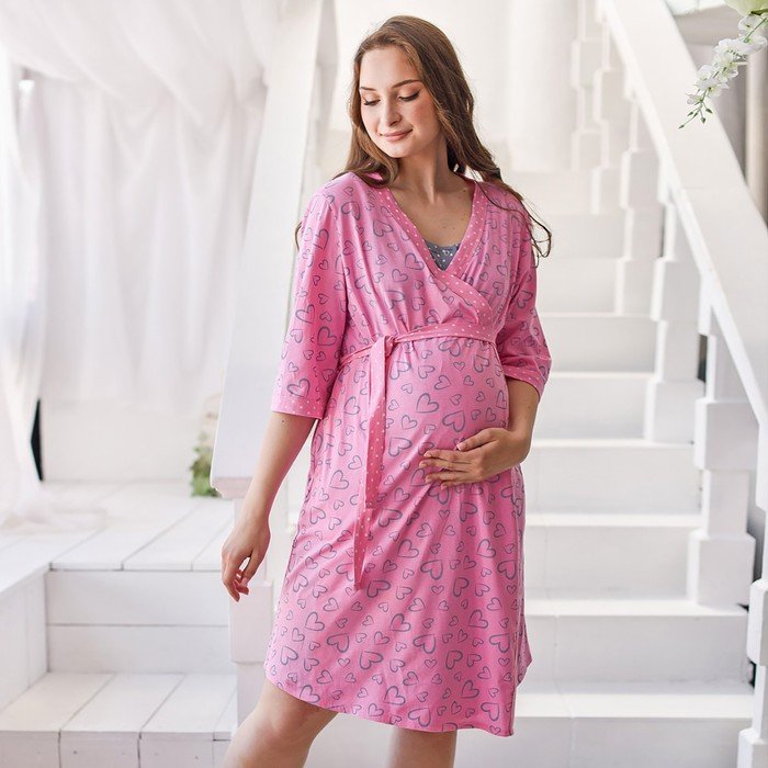 Комплект женский (сорочка/халат) для беременных, цвет розовый, размер 54