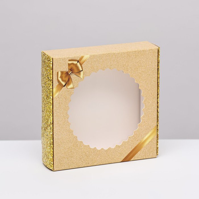Коробка сборная с окном, "Золотой бант", 11,5 х 11,5 х 3 см