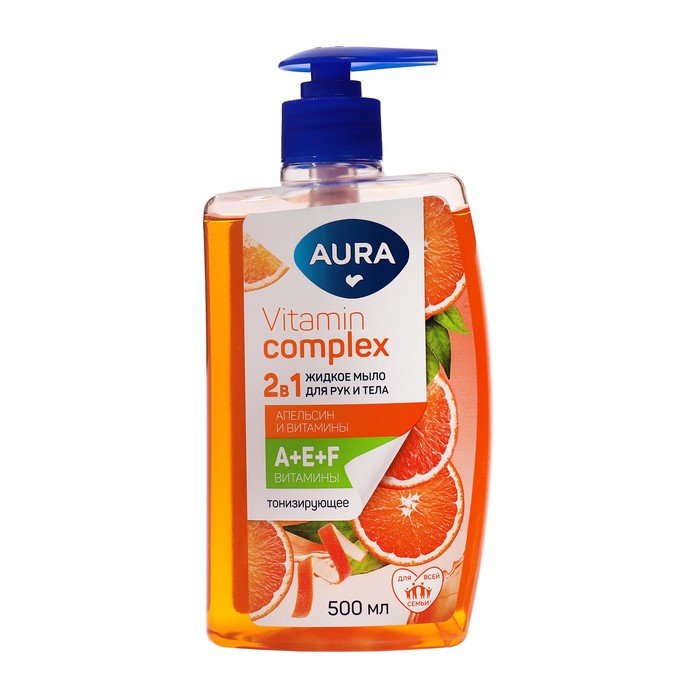 Жидкое мыло 2в1 для рук и тела AURA Vitamin Complex Апельсин и витамины с дозатором, 500 мл