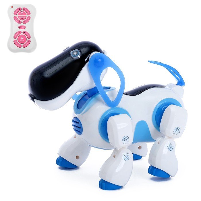 Робот собака «Ки-Ки», программируемый, на пульте управления, интерактивный: звук, свет, танцующий, музыкальный, на батарейках, на русском языке, синий