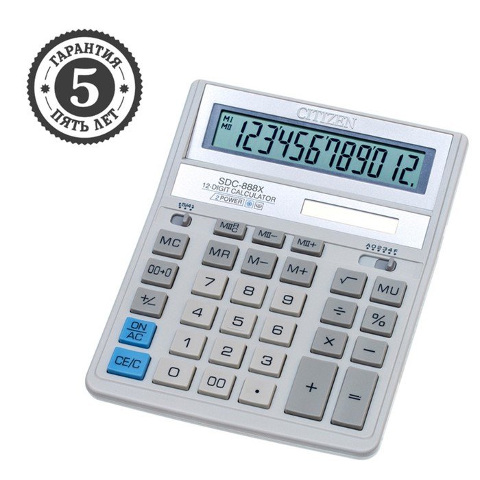 Калькулятор настольный Citizen "SDC-888XWH", 12-разрядный, 158 х 203 х 31мм, двойное питание, белый