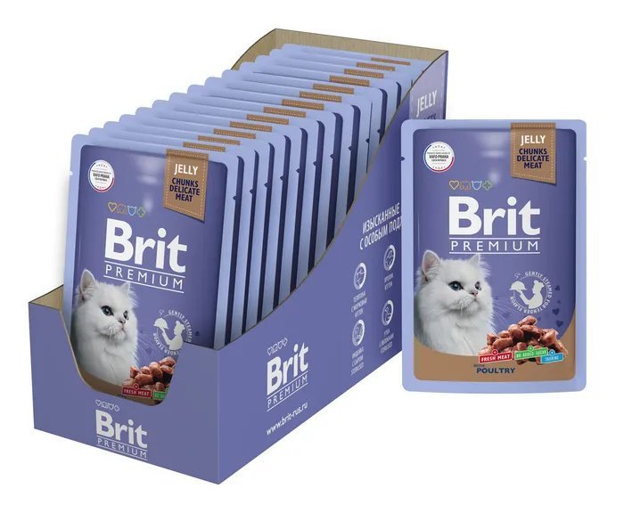 Корм влажный для кошек Brit Premium, ассорти из птицы в желе