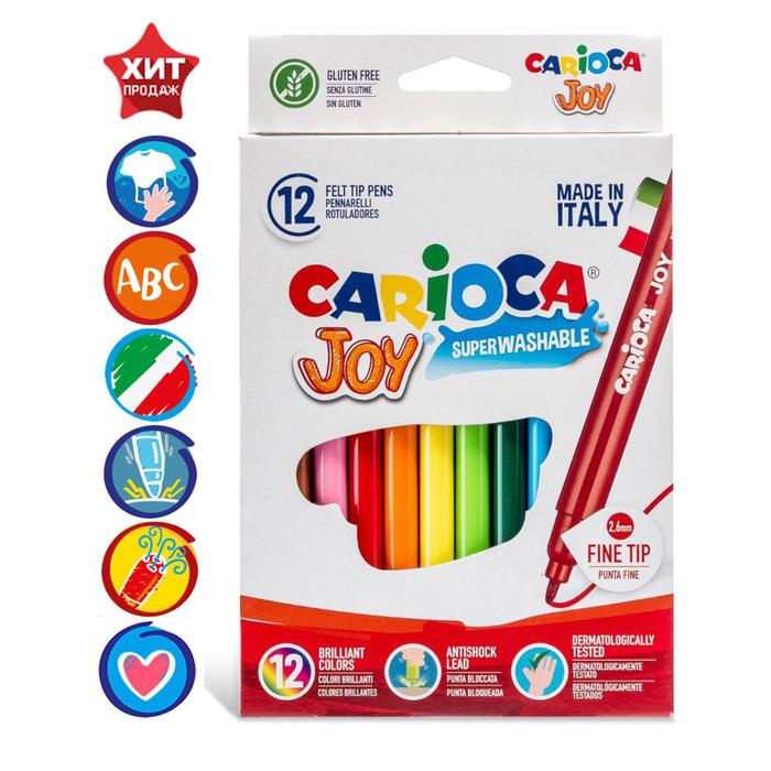 Фломастеры 12 цветов Carioca Joy, 2.6 мм, смываемые, увеличенный ресурс, суперяркие, европодвес