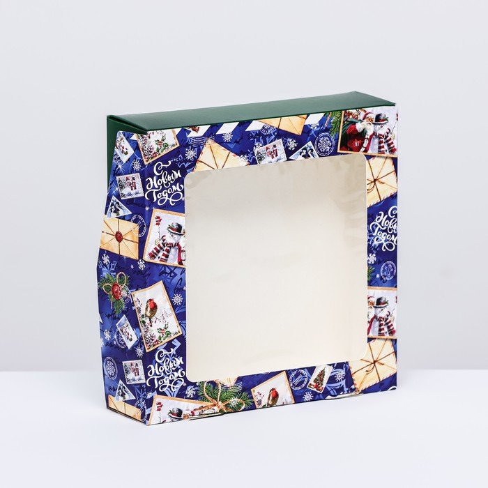 Коробка складная с окном "Новогодняя посылка синяя"15 х 15 х 4 см