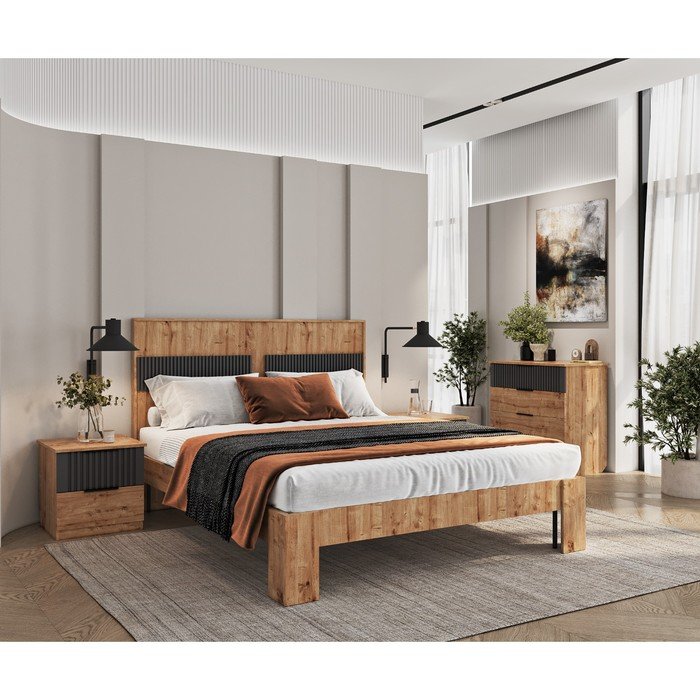 Кровать «Див», 140×200 см, без основания, накладки МДФ, цвет дуб вотан / графит