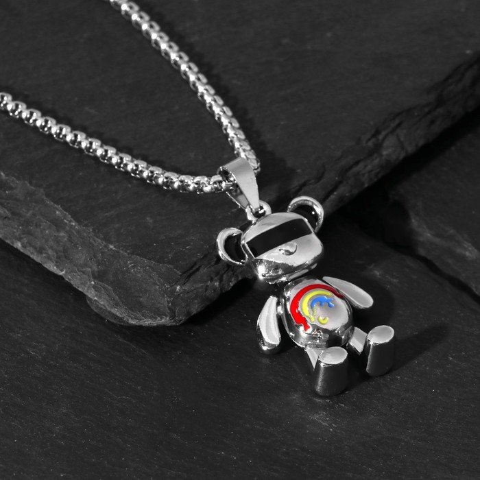 Кулон "Мишка" с радугой, цветной в чернёном серебре, 70см