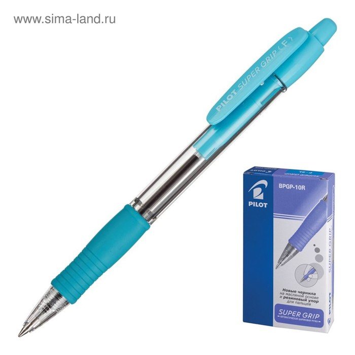 Ручка шариковая автоматическая PILOT Super Grip, резиновый упор, 0.7 мм, масляная основа, стержень синий, корпус голубой